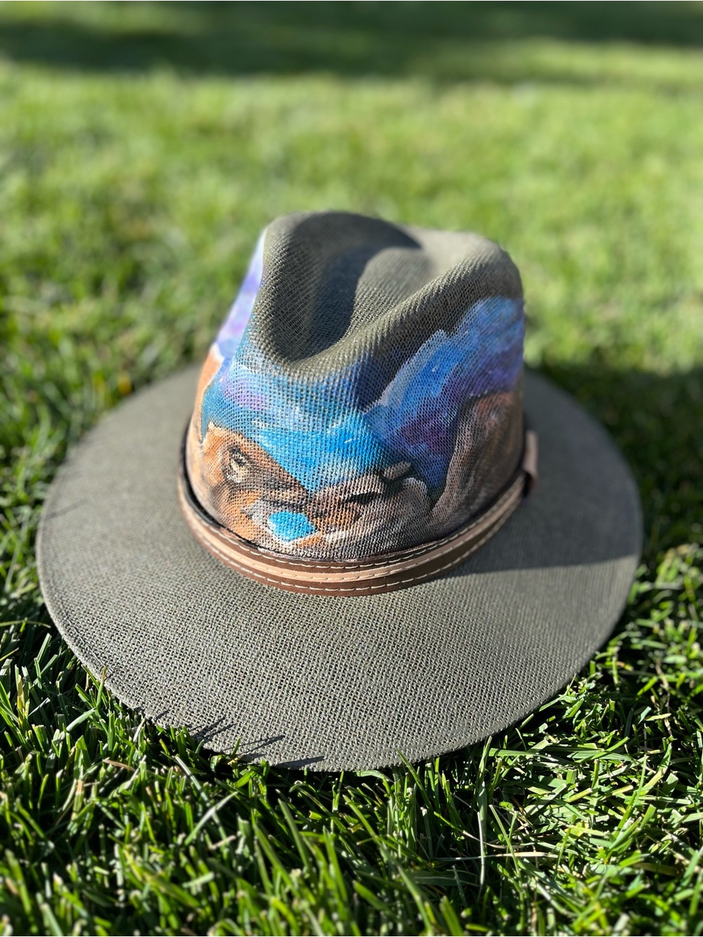 Hand Painted Garden of the Gods Gray Wide-Brim Fedora with Blue Accents